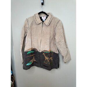 VTG Quaker Factory Safari Leather Jacket XL suede leather embroidered brown zip